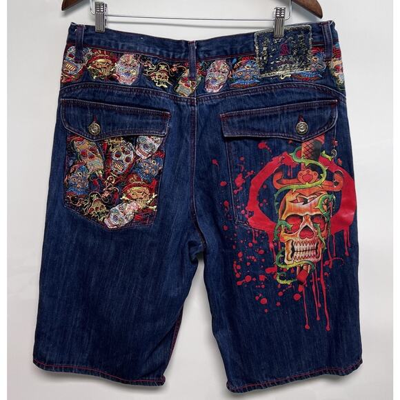 Vtg 90s Y2K Kandi Jeans Jorts Shorts 38 Hip Hop Streetwear Embroidered Skulls